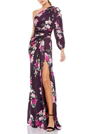 Mac Duggal Floral One-Sleeve Charmeuse Gown with Slit in Plum Floral at Nordstrom, Size X-Large