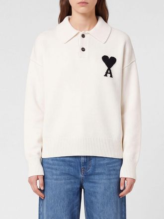 Ami Polo in maglia di lana a maniche lunghe con logo a contrasto