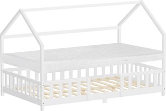 ML Design Ml-design Cama Infantil 120x200cm Blanco Forma De Casa Con Colch&oacute;n Al:16cm, Protecci&oacute;n Antica&iacute;da, Techo Y Somier, De Madera Maciza De Pino, Lecho Dobl