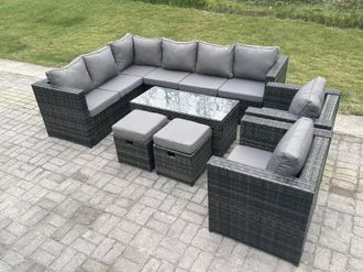 Fimous 10 Seater Rattan Corner Sofa Lounge Sofa Set With Rectangular Coffee Table 2 Stool Left Hand in Dark Grey