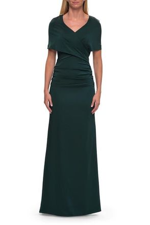 La Femme Jersey Gown with Draped Bodice and Short Sleeves in Dark Emerald at Nordstrom, Size 12