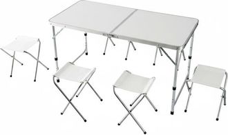 Relaxdays Relaxdays camping table, 4 stools, foldable, height-adjustable, with carry handle, aluminium, MDF, white
