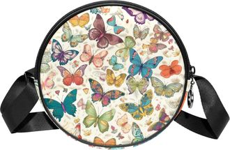 Generic Circle Crossbody Bag for Women, Butterflies Small Sling Bag Daypack with Zipper Adjustable Shoulder Straps Casual Ladies Girls Round Purse