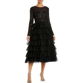 Mac Duggal Sequined Layered Tulle A-Line Cocktail Dress in Black at Nordstrom, Size 16