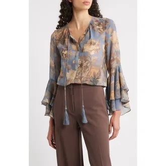 Kobi Halperin Mullin Floral Trumpet Sleeve Shirt in Skyline Multi at Nordstrom, Size Medium