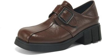 Generic Womens Strap Shoes Textured Upper Buckle Closure Chunky Block Heel Platform Round Toe Slip-On Dress Shoes Comfortable for Fashion Party,Brown,6.5 UK