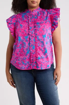 Sugarlips Lucy Floral Print Sleeveless Shirt in Cerulean-Pink-Multi at Nordstrom, Size 3X