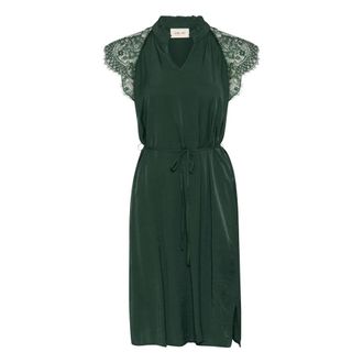 Cream Kanten jurk met V-hals en tailleband - Dames - Korte kleedjes - Groen - L - Kleedjes
