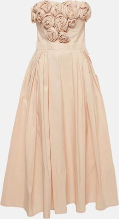 Elisabetta Franchi Powder Pink Rose Applique Gabardine Midi Dress