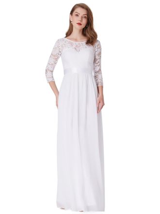 Ever-pretty Womens Round Neck 3/4 Sleeves A Line Empire Waist Lace Elegant Maxi Evening Party Dresses White 14UK