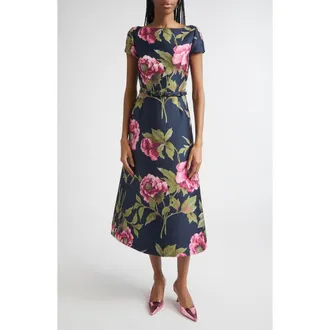Carolina Herrera Peony Jacquard Belted Midi Dress in Midnight Multi at Nordstrom, Size 12
