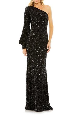 Mac Duggal Sequined One Shoulder Bishop Sleeve Trumpet Gown in Black at Nordstrom, Size 12