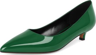 EDEFS Elegant Low Heel Pumps for Women Green 1.4 Inch Kitten Heel Pointed Toe Court Shoes for Work Patent Leather UK5