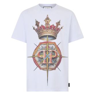 Philipp Plein Tops, Heren, Wit, 2Xl, Katoen, Ronde Hals T-Shirt Kroon Hexagon