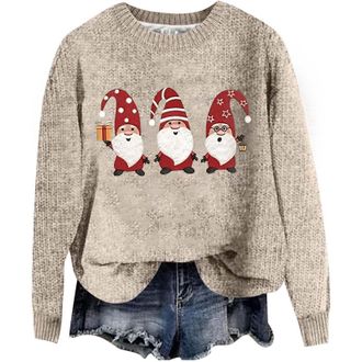 Generic Womens Autumn/Winter Santa Print Crew Neck Long Sleeve Casual Pullover Pullover, beige, 3XL
