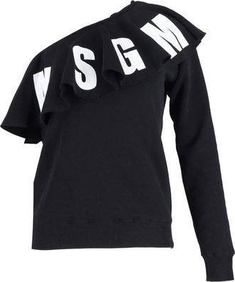 Msgm Logo Print One-Shoulder Ruffled Sweatshirt in Black Cotton
