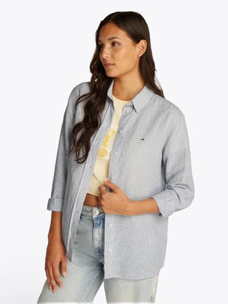 Tommy Jeans Hemdbluse TOMMY JEANS TJW RLX LINEN SHIRT, Damen, Gr. XL (42), blau (colorado blau), Web, Obermaterial: 75% Baumwolle, 25% Leinen, gestreift, relaxed 