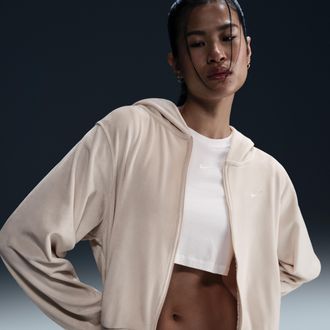 Nike Womens Nike Sportswear Chill Knit Loose Velour Full-Zip Hoodie in Brown | HJ0954-104