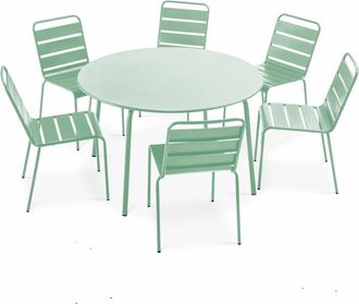Oviala Mesa redonda de jardín y 6 sillas de metal verde salvia