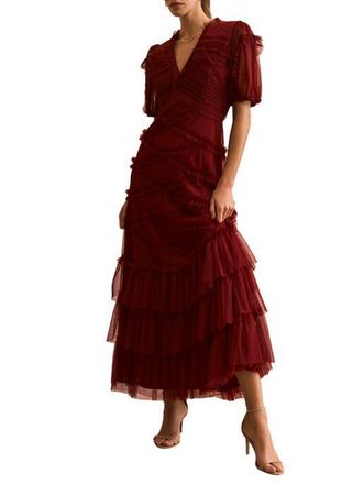 Mint Velvet Short Sleeve Tulle Ruffle Maxi Dress in Burgundy at Nordstrom, Size 4