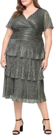 S.L. Fashions Metallic Surplice Neck Dress in Emerald Green at Nordstrom, Size 14W