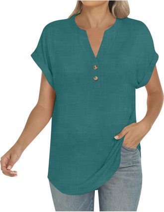 Generic Womens T-Shirts Long Cotton Tunics Tshirts Size 14 Button Down Vneck Fashion Clothes White Linen Top Womens Tops, T-Shirts & Blouses Buttons for Ladie