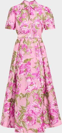 Theia Abba Belted Floral Jacquard Shirt Gown