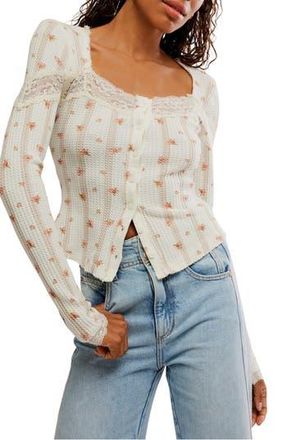 Free People Lets Party Floral Lace Trim Cotton Waffle Knit Button-Up Top in Tea Combo at Nordstrom Rack, Size X-Large