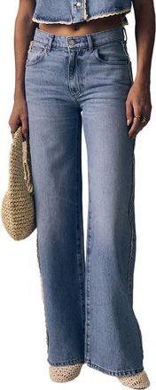 LE JEAN Crochet Trim Mid Rise Column Jeans in Whisper Blue at Nordstrom, Size 27