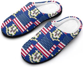 Generic Flag of U.S. And Connecticut Cotton Womens Slip-on Slippers Winter Warm House Shoes with Rubber Sole for Home Office Hotel