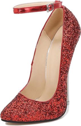 Generic Red,7.5 UK,Womens Sequined High Heels Pointy Closed Toe Pumps Ankle Strap Stiletto Heel Dress Wedding Party Prom Shoes