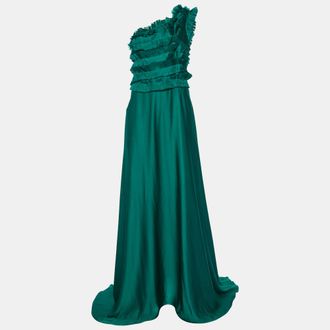 Carolina Herrera Green Silk Ruffled One Shoulder Gown