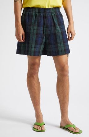 J.W.Anderson Plaid Cotton Seersucker Shorts in Navy/green at Nordstrom, Size X-Large