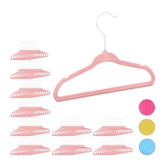 Relaxdays Pack De 100 Perchas Infantiles Antideslizantes, Ganchos Giratorios, Pl&aacute;stico-terciopelo, Rosa Beb&eacute;