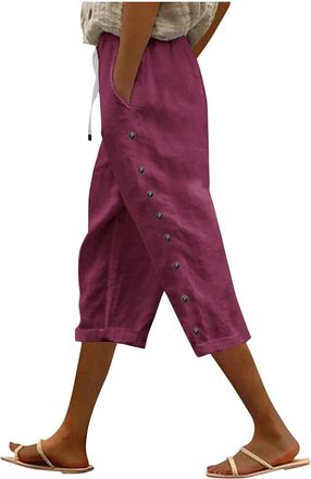 Generic Summer Capri Pants Women Cotton Linen Trousers Womens UK Solid Color Elasticated Waist Trouser Ladies Summer Lounge Pants Plain Loose Casual Straight 