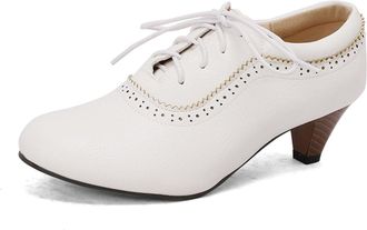 Generic Womens Brogue Round Toe Oxfords Lace-Up Mid Block Heel PU Leather Upper Black Sole Adjustable Laces Supportive Comfortable Fit Shoes,White,10.5 UK