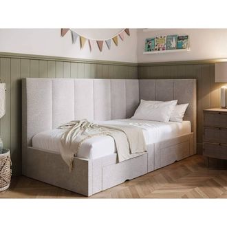 Flair Harley Corner Fabric Bed Frame with Storage Drawers in Beige | Size: Single