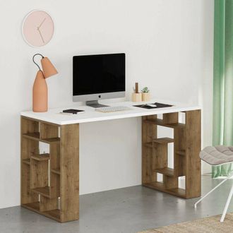 Dmora Escritorio Kallisto, Escritorio Multiusos, Mesa De Oficina Para Pc, El Plan De Trabajo, 140x60 H75 Cm, Blanco Y Marr&oacute;n - Dmora