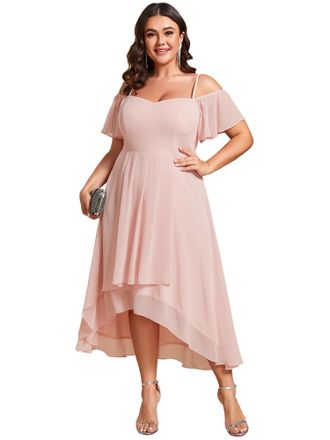 Ever-pretty Womens Plus Size Ruffle Sleeves Off Shoulder Empire Waist A Line Chiffon Summer Wedding Guest Dress Pink 18UK