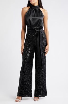 Eliza J Mixed Media Satin & Sequin Jumpsuit in Black at Nordstrom, Size 6