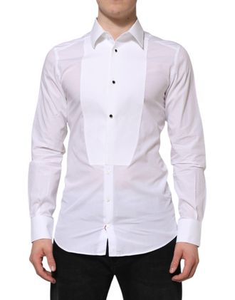 Dolce & Gabbana Mens White Cotton Gold Bib Poplin Formal Shirt