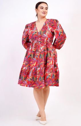 Leota Zariah Empire Waist Mini Dress Palm Foliage Poppy Red