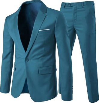 AlltheMen Mens Suits 2 Piece Slim Fit Wedding Dress Suit One Button Business Suit Blazer Jackets Trousers Blue 3XL