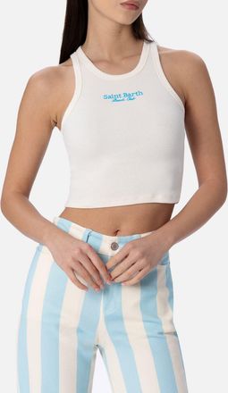 MC2 Saint Barth Woman Rib-knit Cotton Crop Tank With Saint Barth Beach Club Embroidery