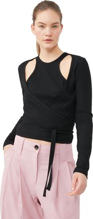 Ganni Black Rib Jersey Wrap Blouse
