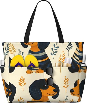 Generic Cute Dachshund Print Large Beach Bag Foldable Travel Shoulder Tote Bag With Pocket For Weekender Pool Vacation