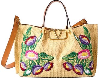 Valentino Vlogo Medium Raffia & Leather Tote