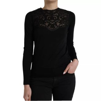 Dolce & Gabbana Black Silk Lace Trim Long Sleeves Blouse Womens Top