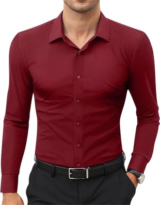 Generic Marcivo Dress Shirt, The Stretch Dress Shirt, Wrinkle Free Long Sleeve Button Down Formal Business Shirts (Wine Red,XL)