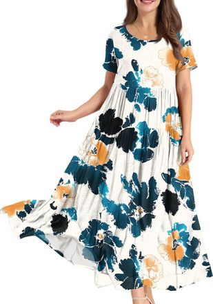 Generic Summer Dresses for Women UK, Womens Summer Long Dresses Casual Short Sleeve Crew Neck Maxi Sundress Ladies Loose Tshirt Dress Boho Floral Beach Sundre